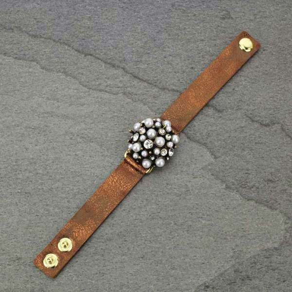 Fashion Rhinestone Button Leather Bracelet - Image 2