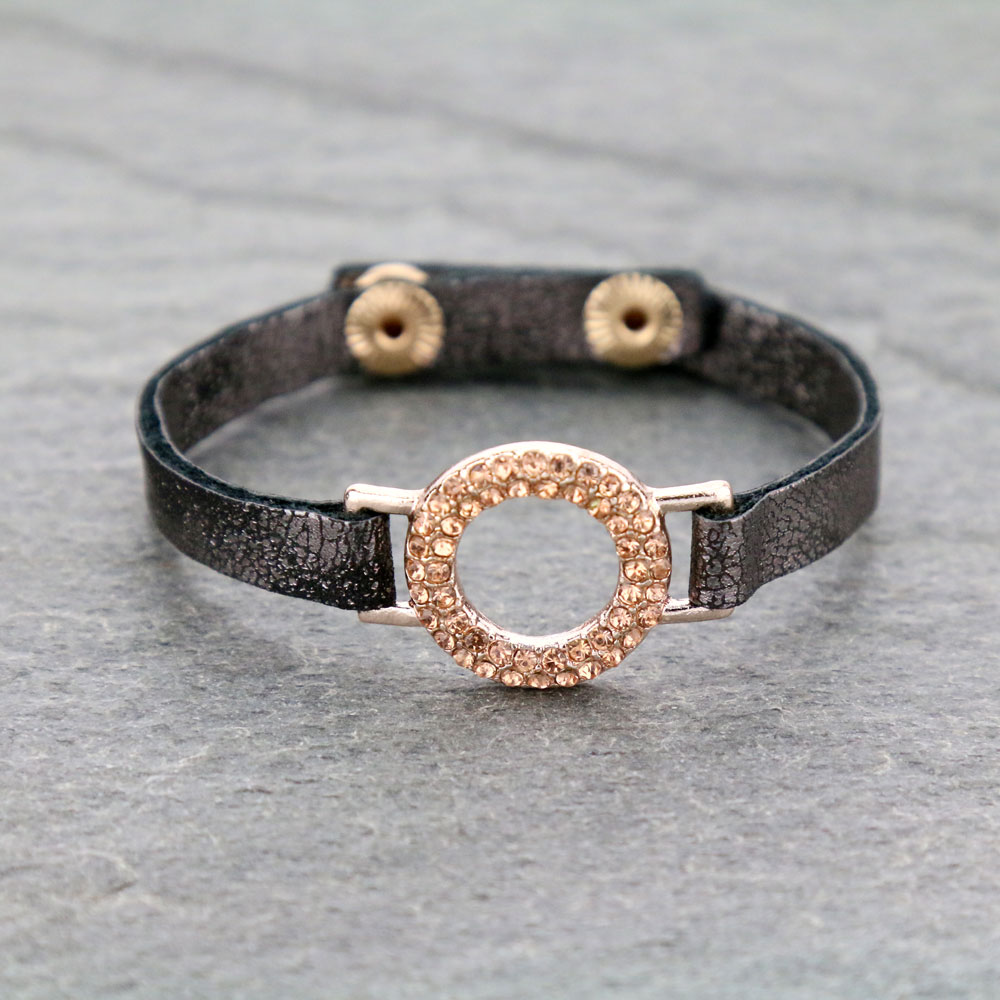 Fashion Rhinestone Button Leather Bracelet