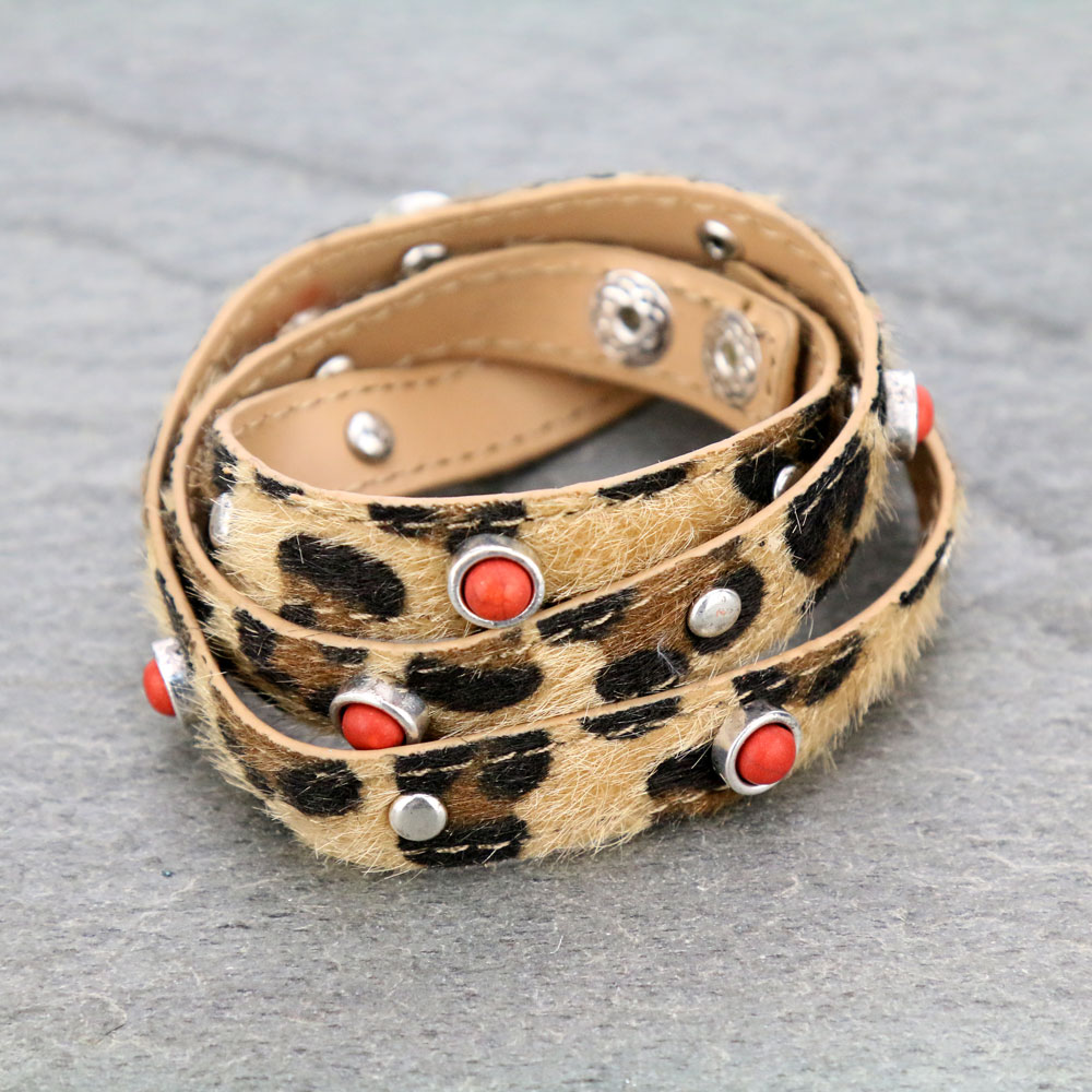 Double Wrapped Semi Stone Leopard Bracelet