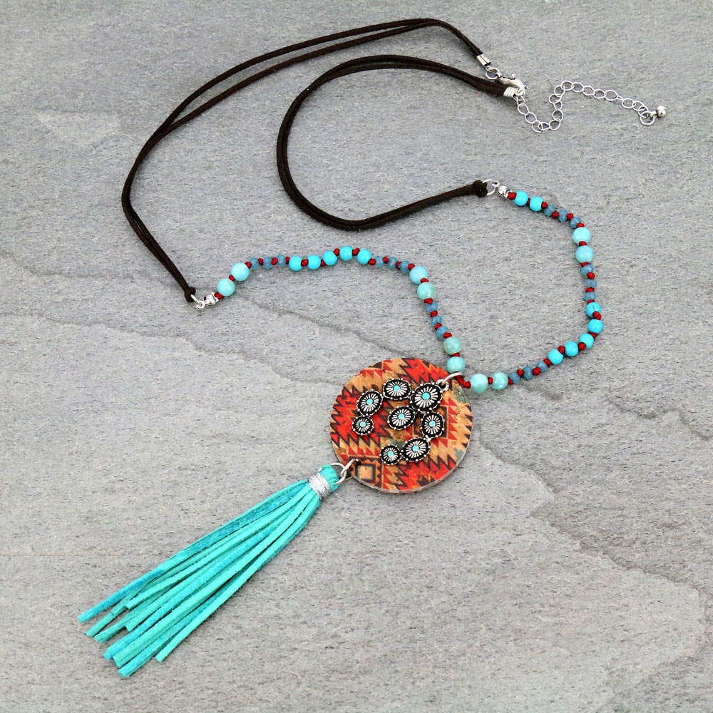 Western Squash Blossom with Aztec Print Cork Tassel Necklace