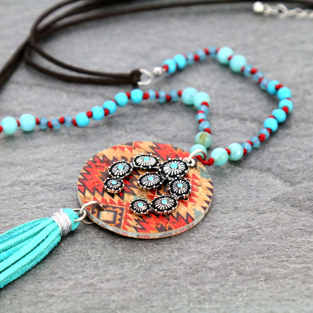 Western Squash Blossom with Aztec Print Cork Tassel Necklace - Image 3