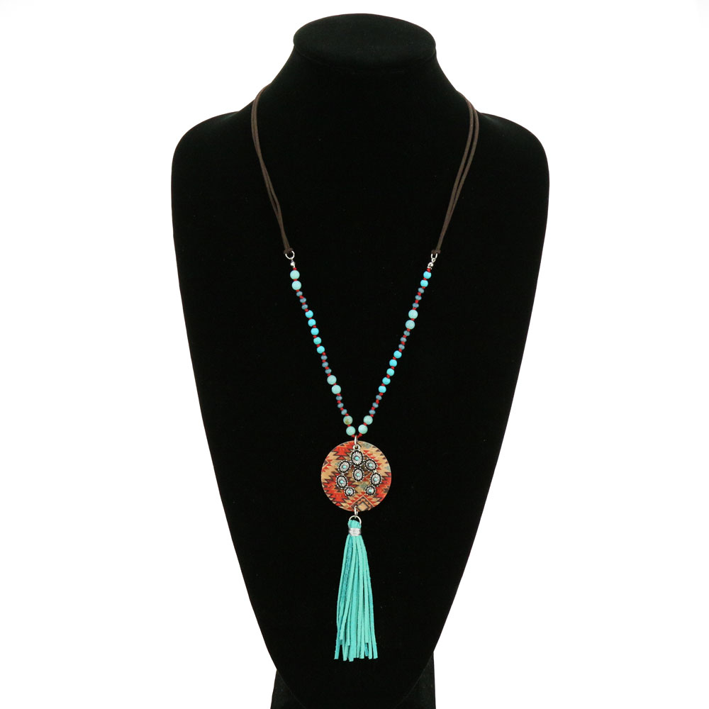Western Squash Blossom with Aztec Print Cork Tassel Necklace - Image 2