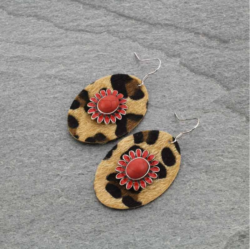 Leopard Leather with Stone Fish Hook Earrings