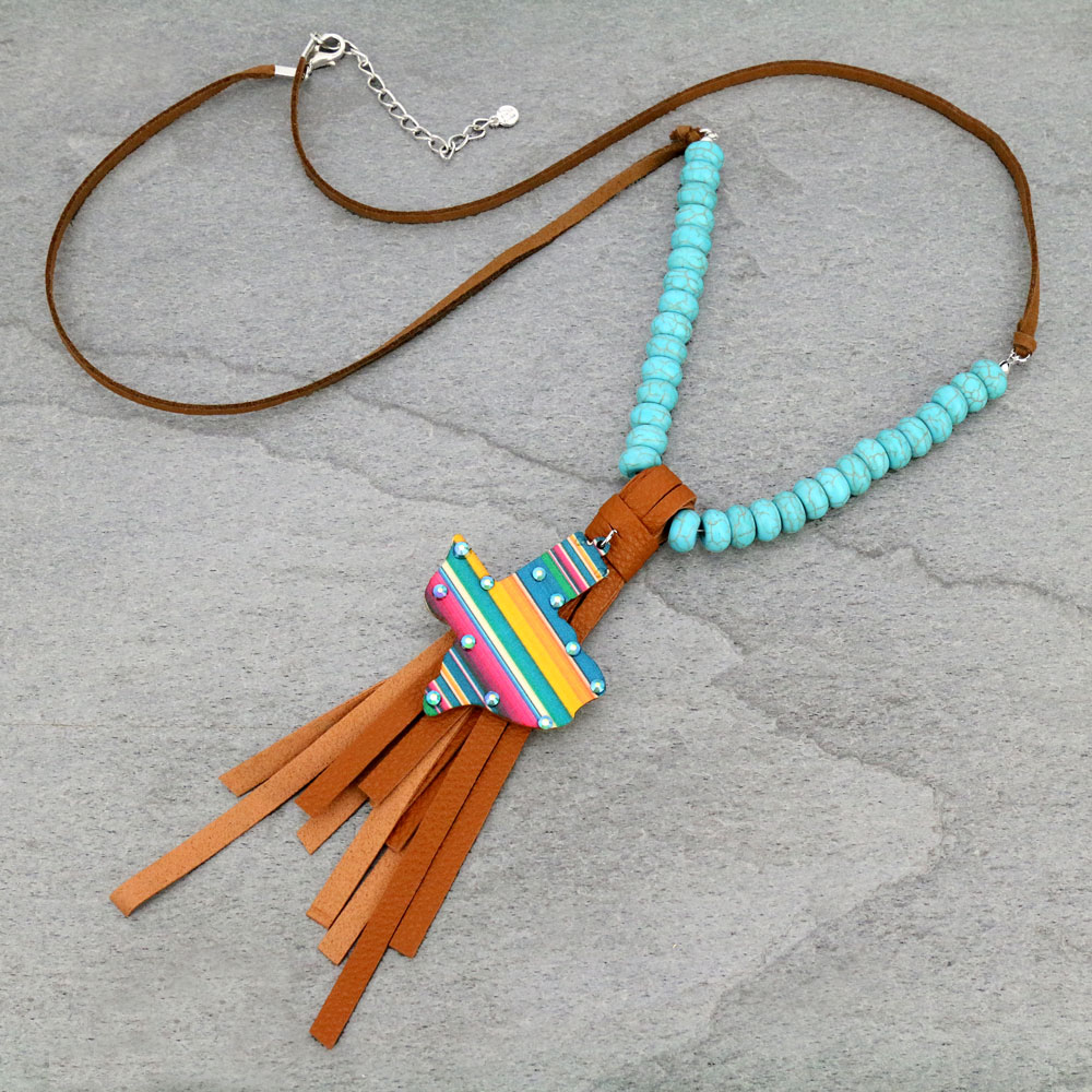 Texas Map Wood with Bead Leather Necklace