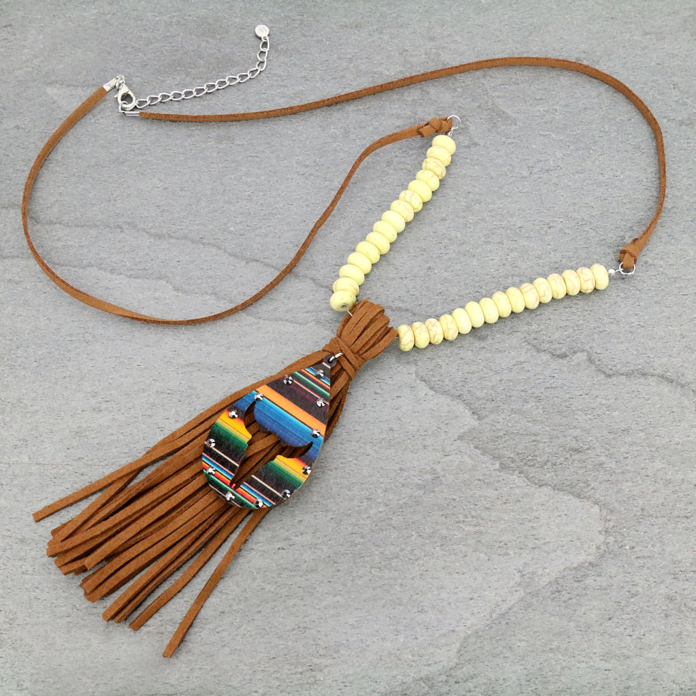 Serape Pattern Long Horn Wood with Tassel Necklace