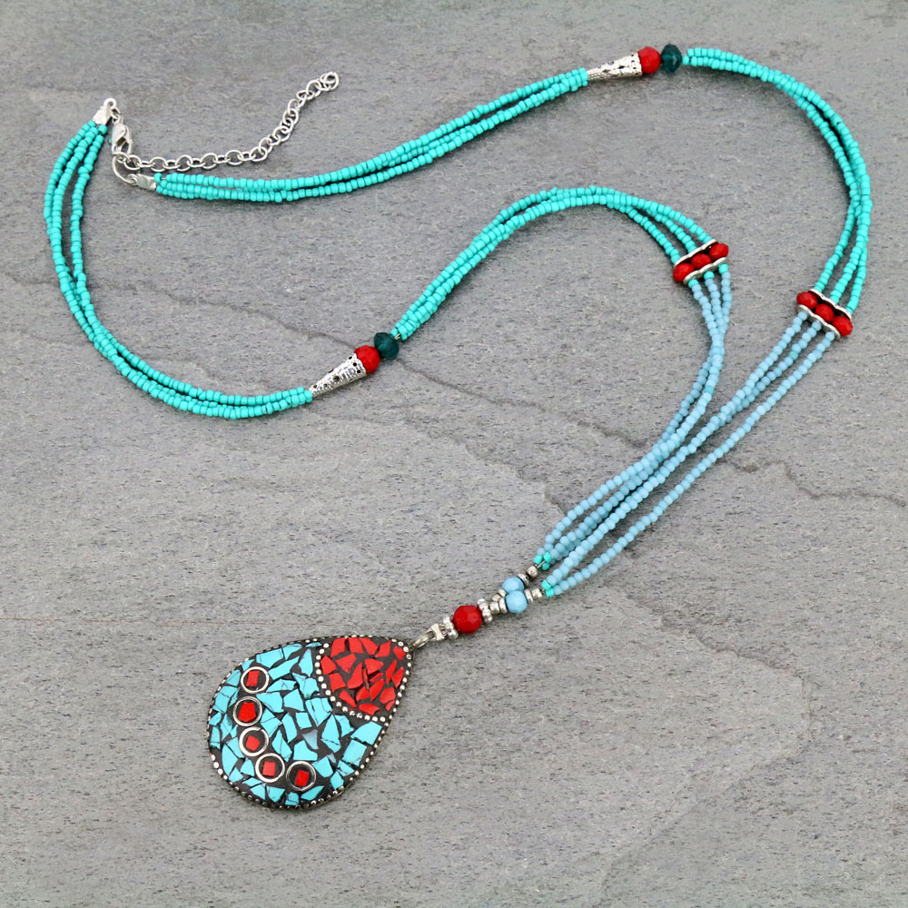 Western Teardrop Mosaic Stone with Bead Necklace