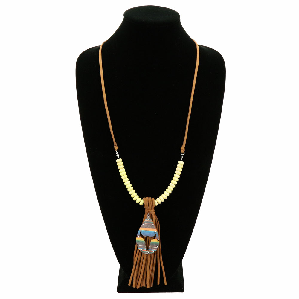Serape Pattern Long Horn Wood with Tassel Necklace - Image 2