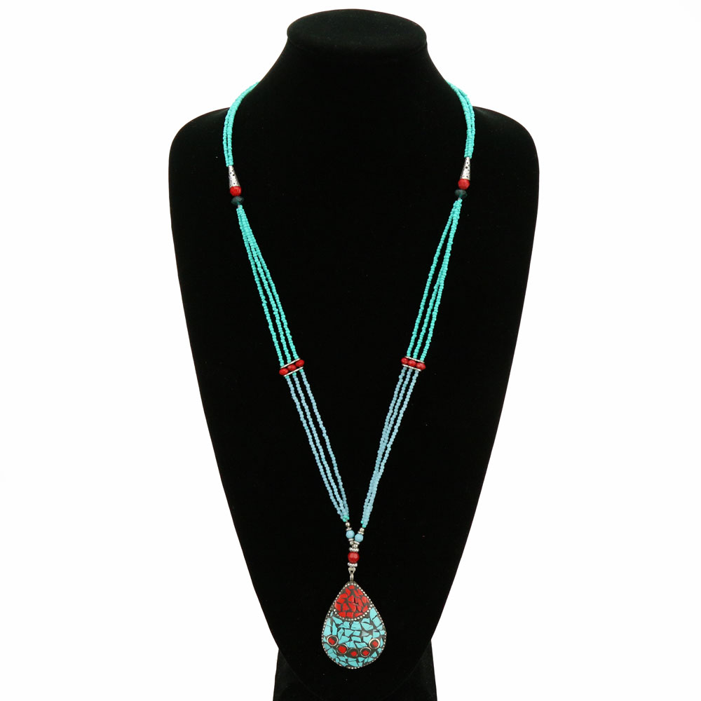 Western Teardrop Mosaic Stone with Bead Necklace - Image 2