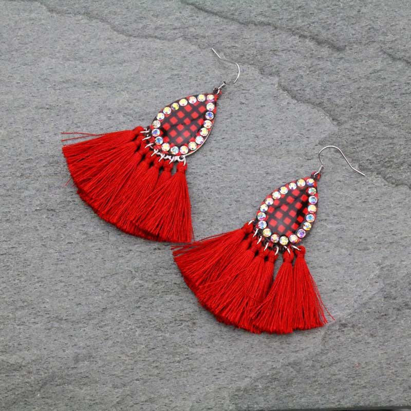 Patterned Printed Teardrop with Tassel Fish Hook Earrings