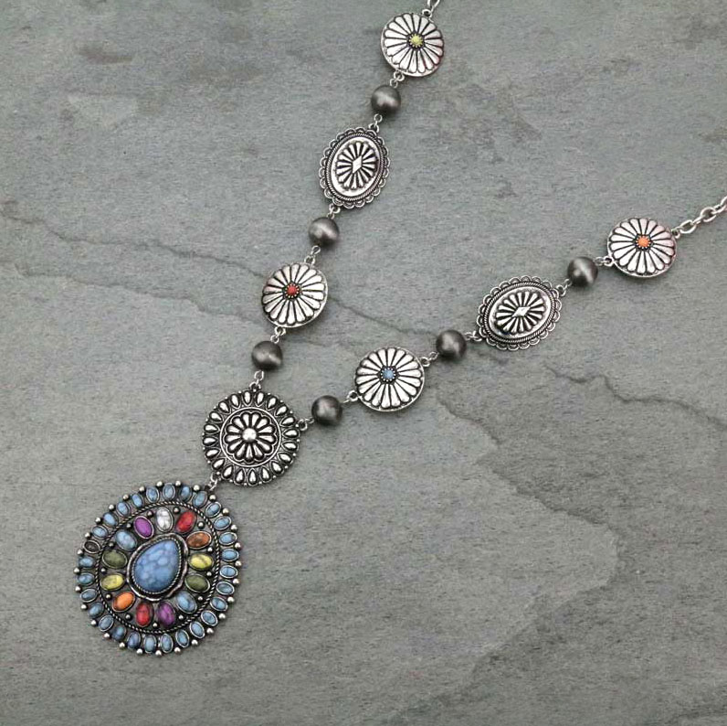 Western Concho Pendant Long Necklace