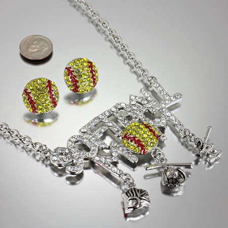 Sports Theme Soft Ball Mom Pendant Necklace Set