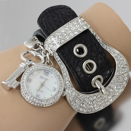 Western Rhinestone Leather Band Buckle Watch