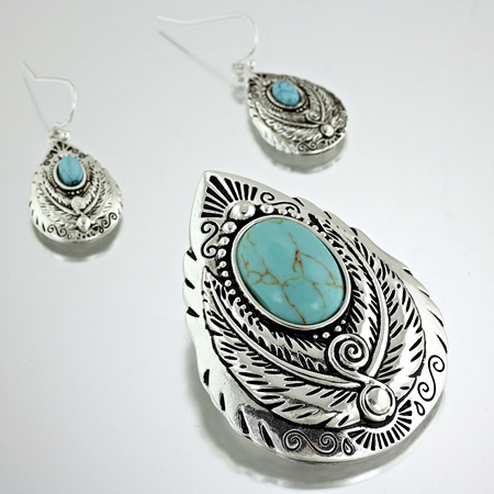 Fashion Turquoise Stone Pendant and Earring Set