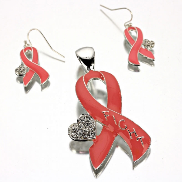 Pink Ribbon Pendant and Earring Set