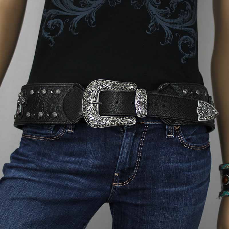 Western Cross Rhinestone Leather Belt