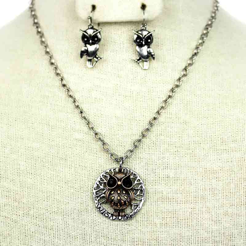 Animal Owl Pendant Necklace Set