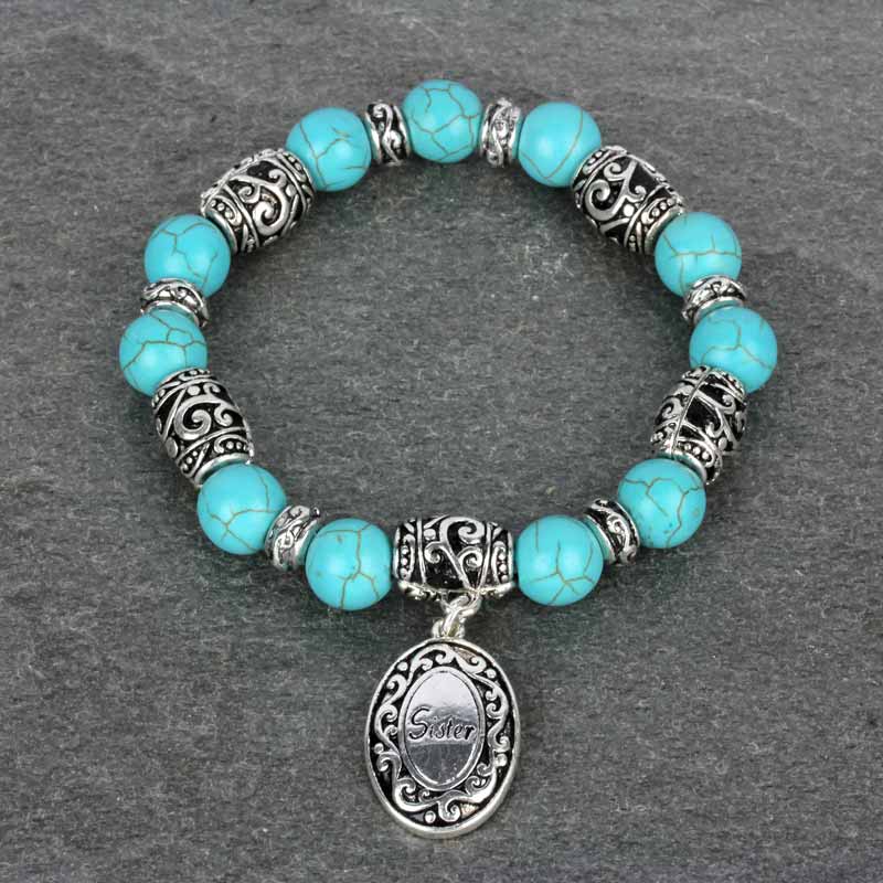 Tailored Design "Sister" Charm Beads Stretch Bracelet
