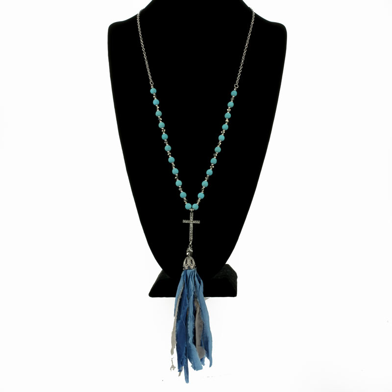 Semi Precious Stone / Fabric Tassel Cross Necklace - Image 2
