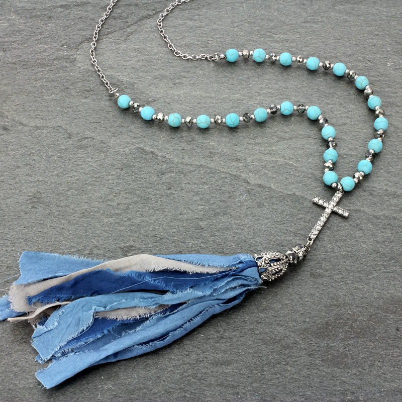 Semi Precious Stone / Fabric Tassel Cross Necklace