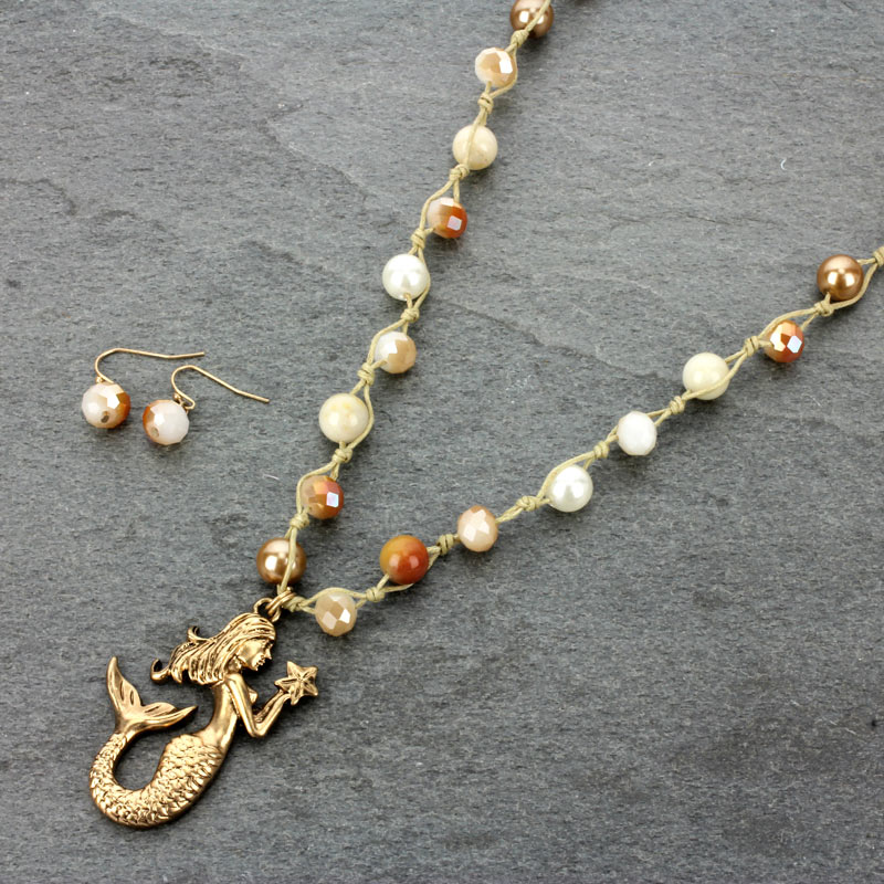 Mermaid Pendant Genuine Stone Necklace Set