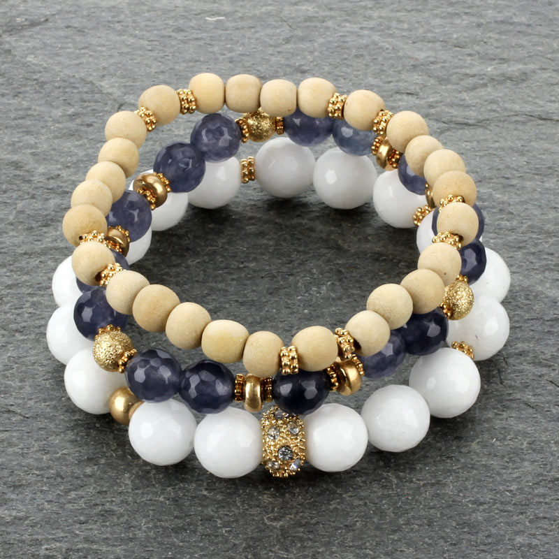 Genuine Stone and Wood Stretch Bracelet-Set of 3