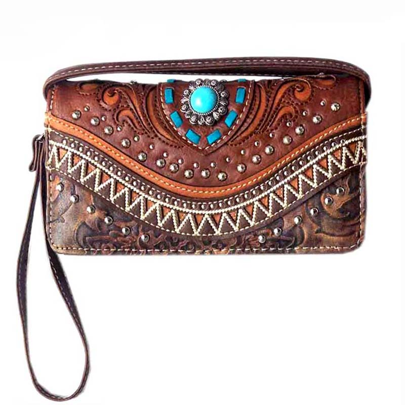 Western Tooled Faux Leather with Turquoise Accent Wallet