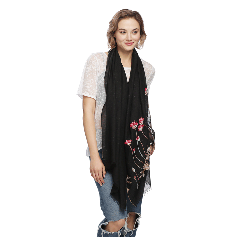 Floral Embroidery Oblong Scarf with Glitter - Image 2