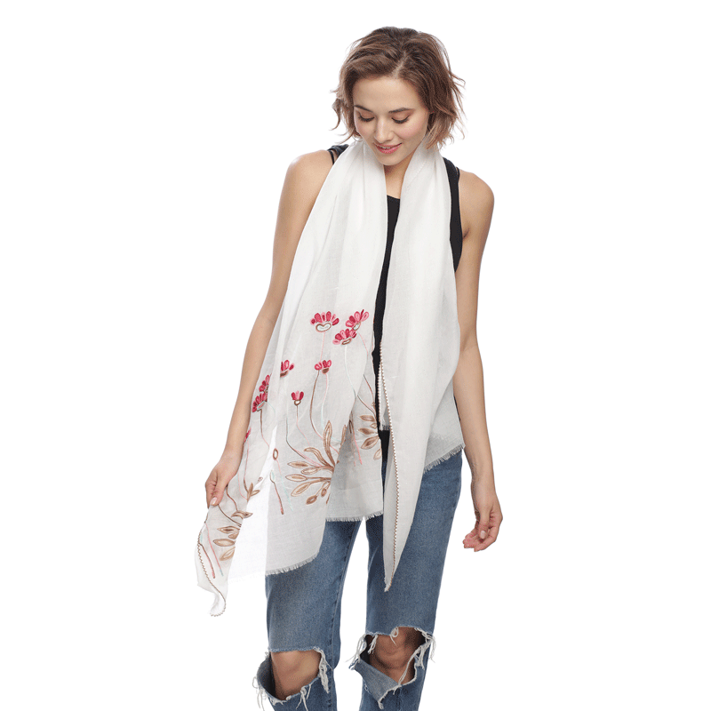 Floral Embroidery Oblong Scarf with Glitter