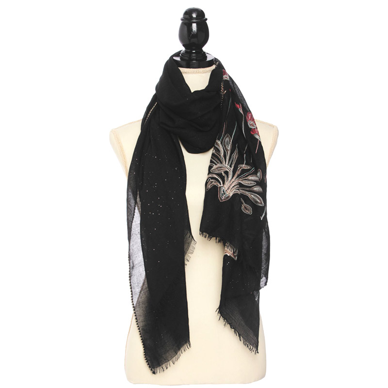 Floral Embroidery Oblong Scarf with Glitter