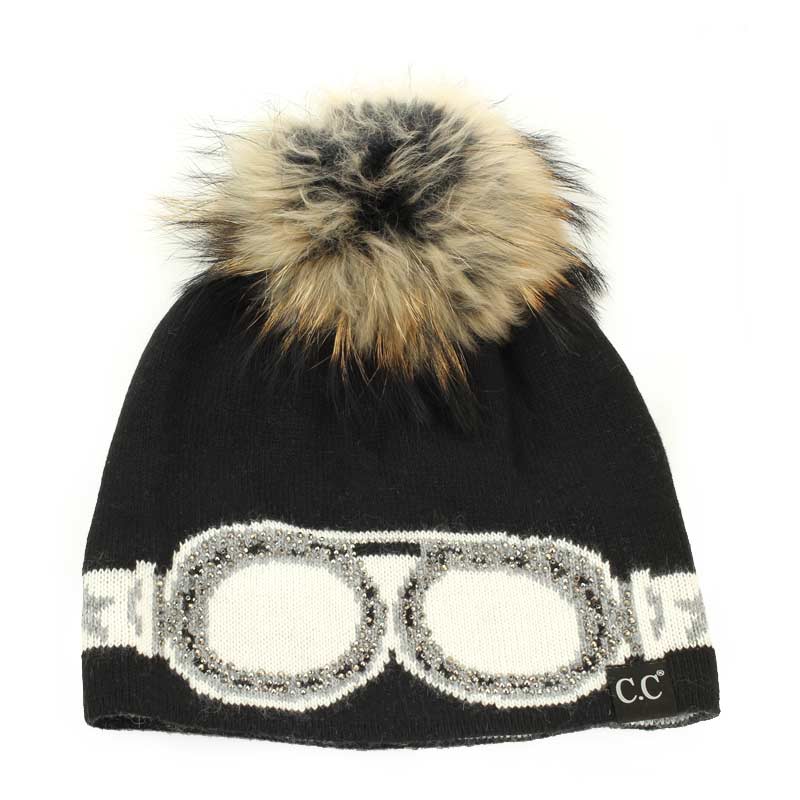 C.C Black Label Real Raccoon Fur Pom Goggles Stone Hat