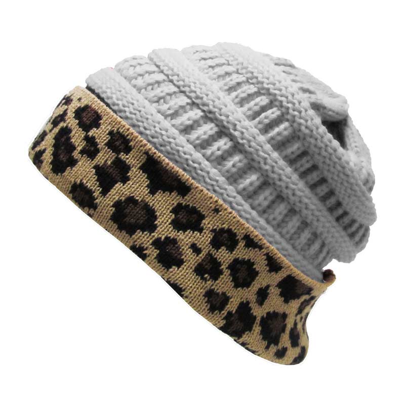 Leopard Fold Up Ponytail Beanie