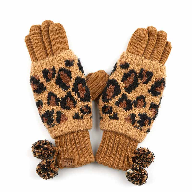 C.C Leopard Jacquard Knit Glove with Knit Pom