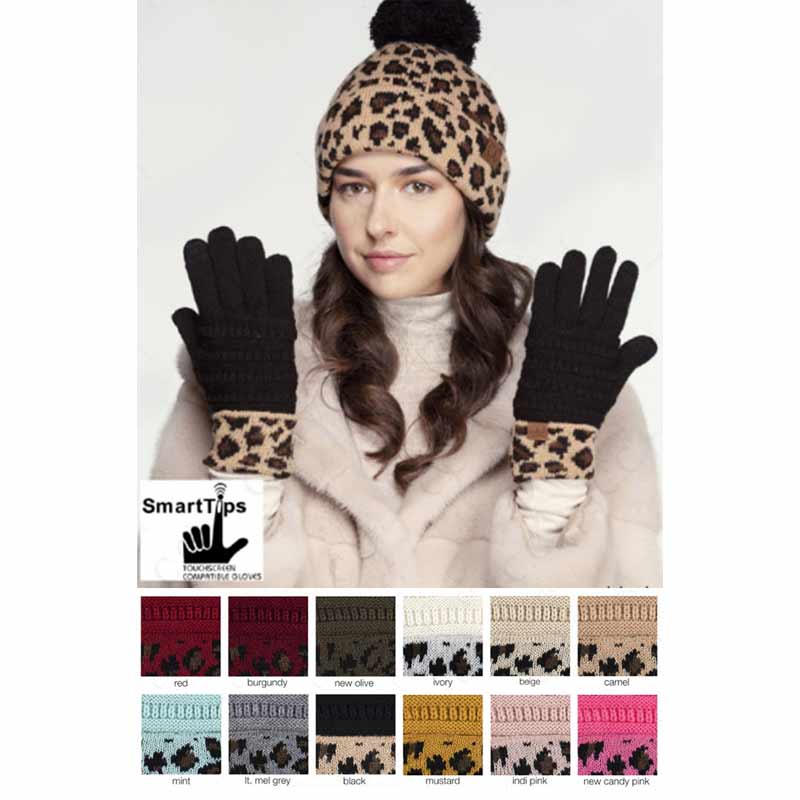 C.C Solid Ribbed Gloves with Leopard Pattern Cuff - Image 2