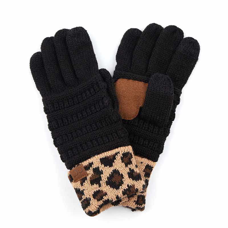 C.C Solid Ribbed Gloves with Leopard Pattern Cuff