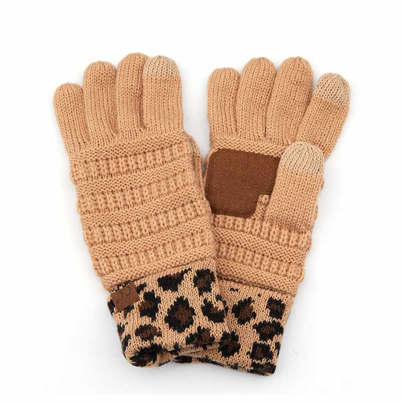 C.C Solid Ribbed Gloves with Leopard Pattern Cuff
