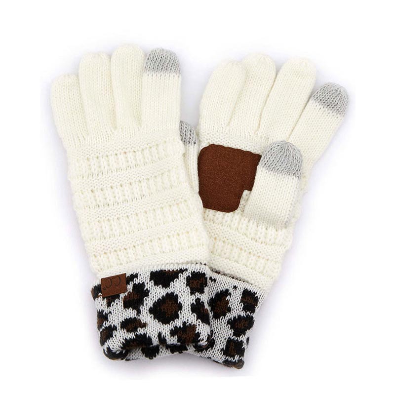 C.C Solid Ribbed Gloves with Leopard Pattern Cuff