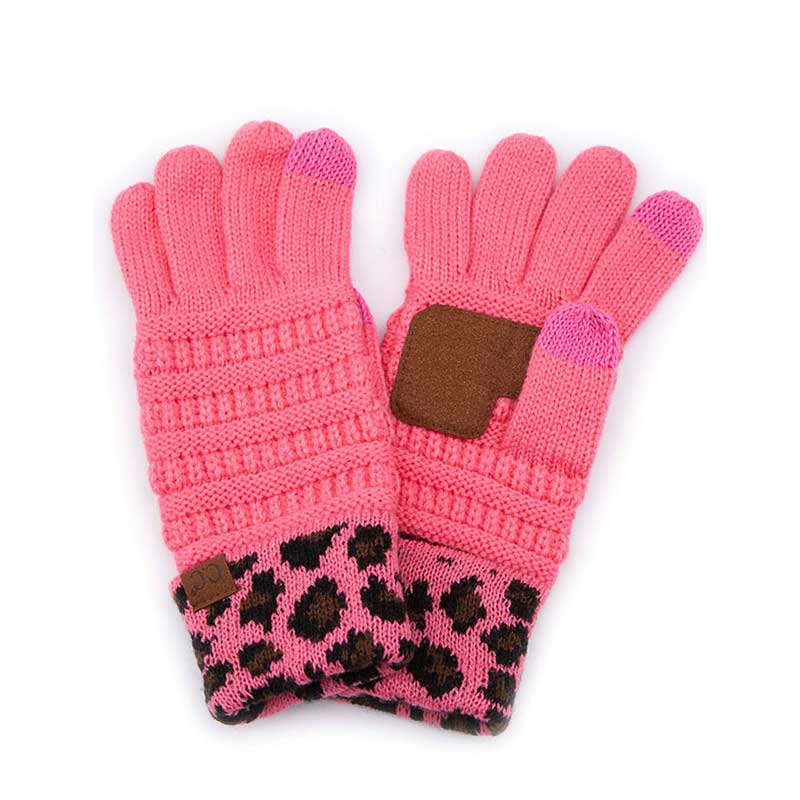 C.C Solid Ribbed Gloves with Leopard Pattern Cuff