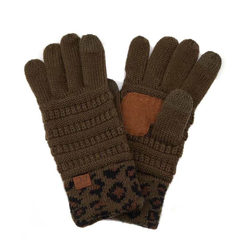 C.C Solid Ribbed Gloves with Leopard Pattern Cuff