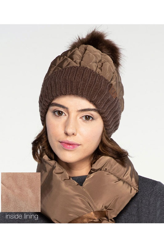 C.C Women's Quilted Puffer Beanie/Detachable Pom - Image 2