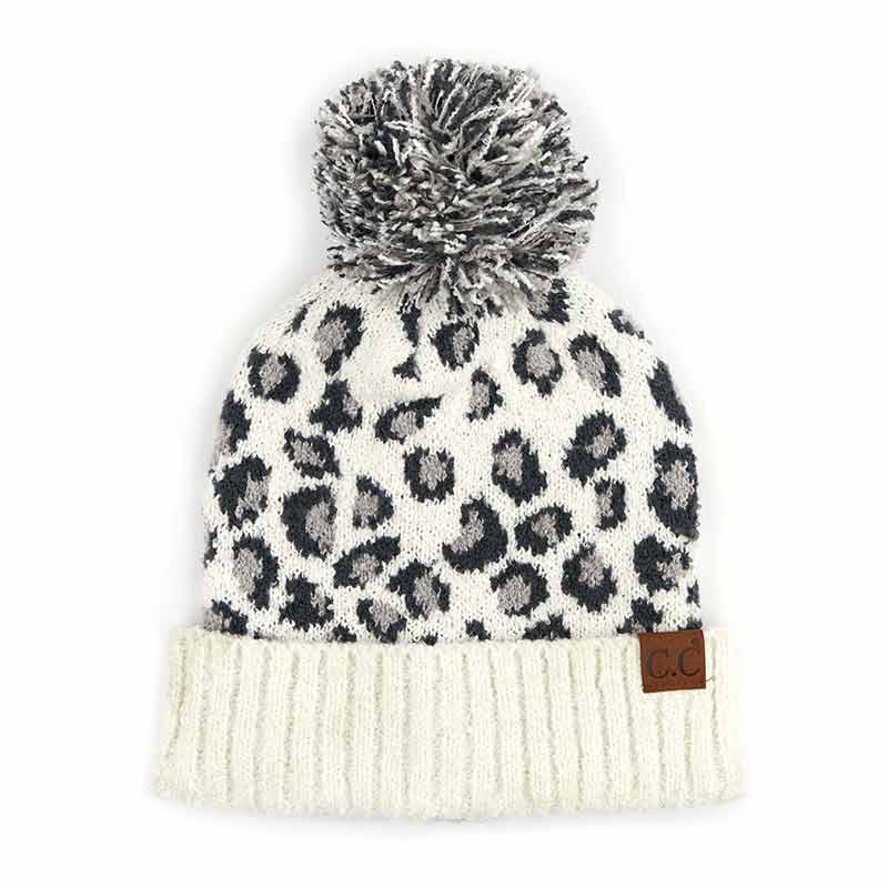 C.C Leopard Jacquard Knit Beanie with Knit Pom