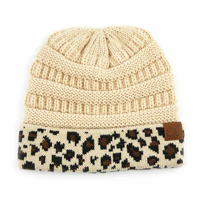 C.C Solid Color Beanie Hat with Leopard Pattern Cuff