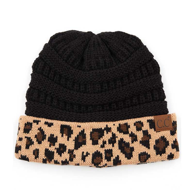 C.C Solid Color Beanie Hat with Leopard Pattern Cuff