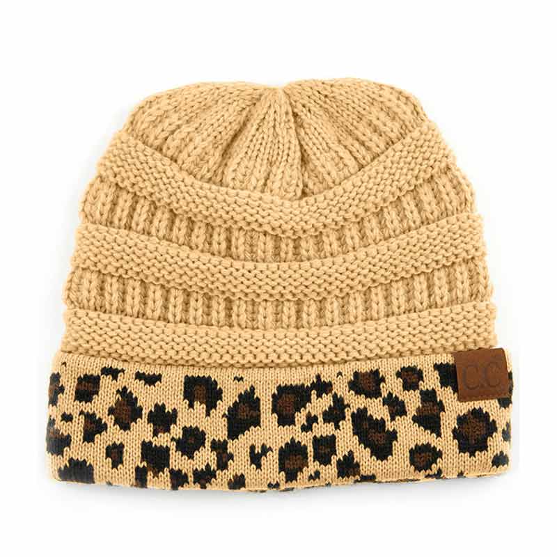 C.C Solid Color Beanie Hat with Leopard Pattern Cuff