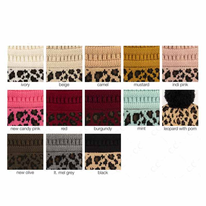 C.C Solid Color Beanie Hat with Leopard Pattern Cuff - Image 3