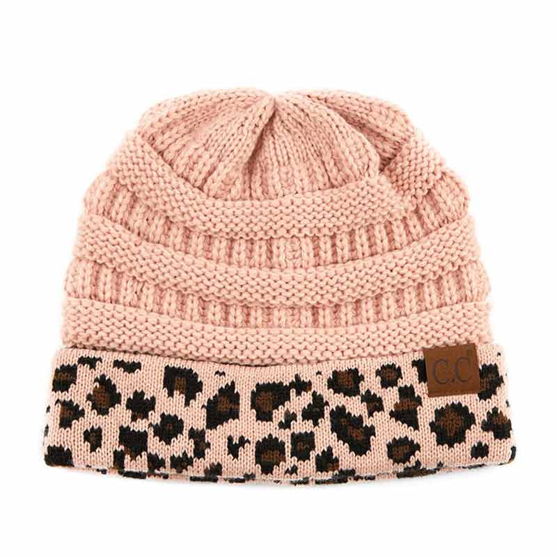 C.C Solid Color Beanie Hat with Leopard Pattern Cuff