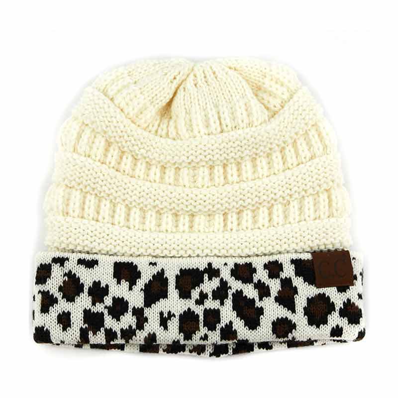 C.C Solid Color Beanie Hat with Leopard Pattern Cuff