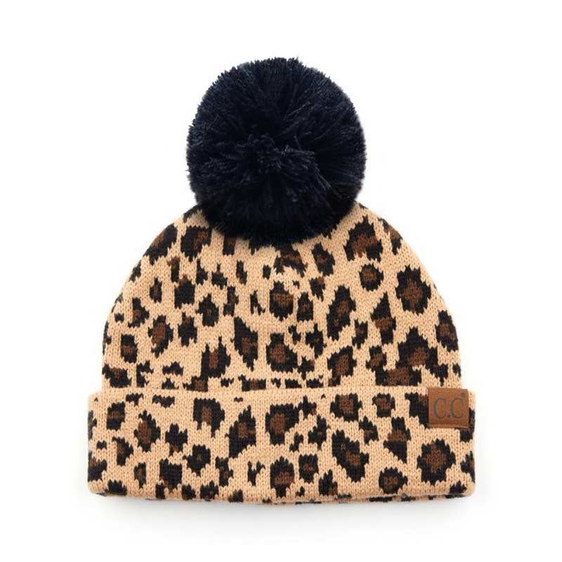 C.C Solid Color Beanie Hat with Leopard Pattern Cuff