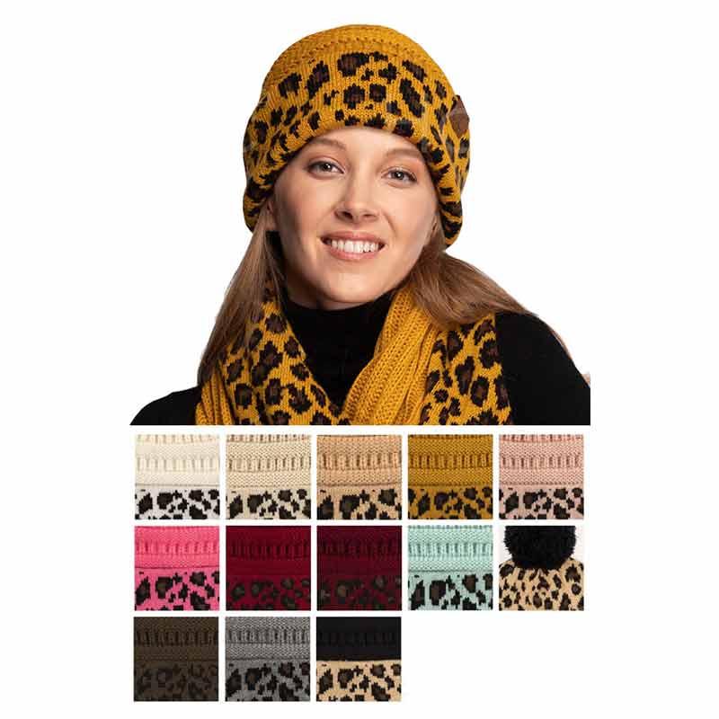 C.C Solid Color Beanie Hat with Leopard Pattern Cuff - Image 2