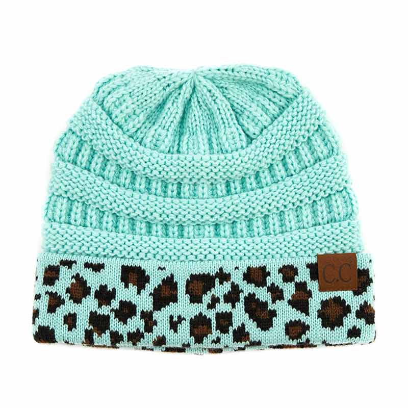 C.C Solid Color Beanie Hat with Leopard Pattern Cuff