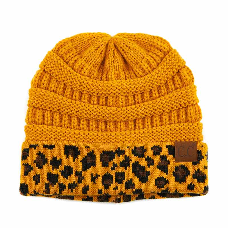 C.C Solid Color Beanie Hat with Leopard Pattern Cuff